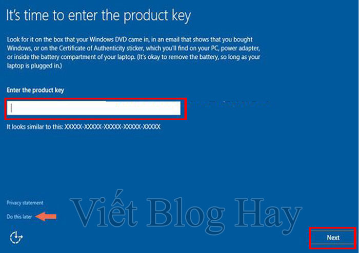 Nhập key bản quyền cho windows 10 để hoàn tất