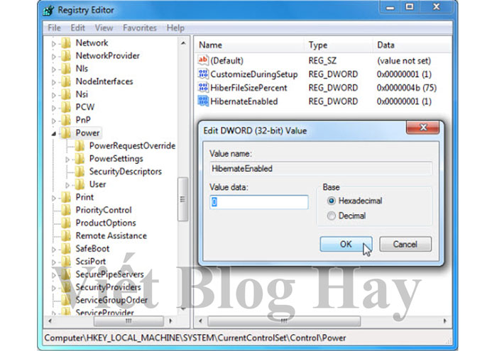 Tắt chế độ ngủ đông Win 7 bằng Regedit